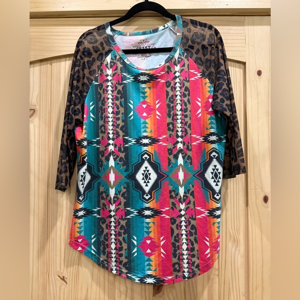 Crazy Train Teal Pink Orange Aztec Raglan Top with Leopard Sleeves